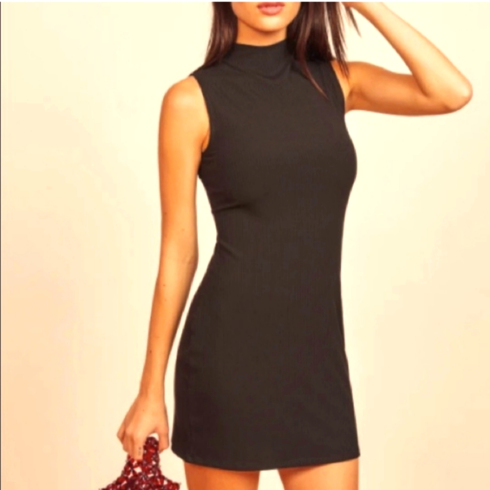 Reformation Sana Dress, Ribbed Mini Dress in Black L Large